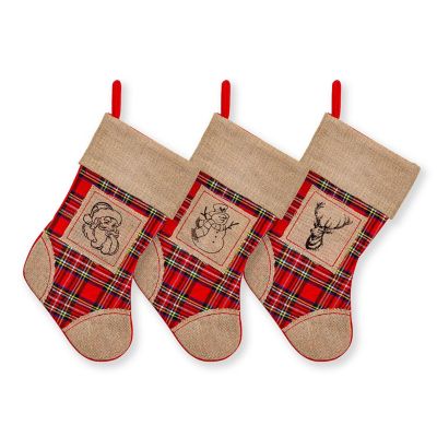 Lexi Home 3-Piece Plaid Burlap Christmas Stockings Image 1