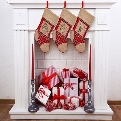 Lexi Home 3-Piece Plaid Burlap Christmas Stockings Image 1