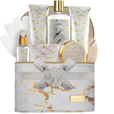 Lovery 9pc White Jasmine Home Spa Set with Cosmetic Bag, Bath and Body Self Care Gift Image 1