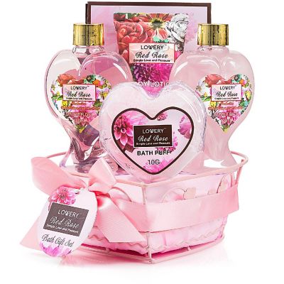 Lovery Home Spa Gift Basket - Red Rose Scent in Heart shaped wire basket Image 1