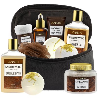 Luxury Spa Kit for Men - Sandalwood Bath Set - Personal Care Kit in Brown Leather Cosmetic Bag Image 1