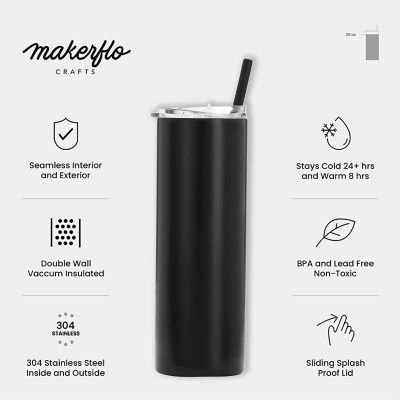 Makerflo 20 Oz Skinny Powder Coated Tumbler with Splash Proof Lid and Straw, Personalized DIY Gifts, Black, 1 pc Image 2