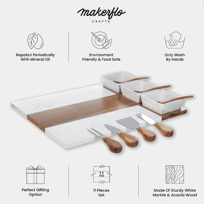 Makerflo Charcuterie Board Marble and Acacia Wood, 15.5&#246;x11.75&#246; Cheese Board with 3 Bowls, 3 Spoons and 4 Charcuterie Utensils Image 2