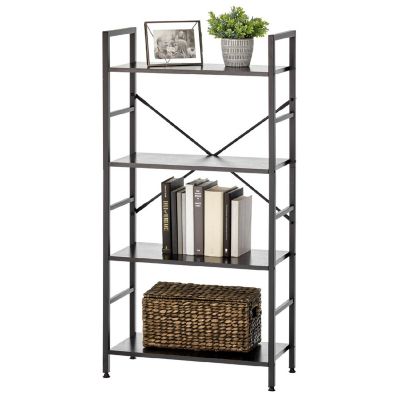 mDesign Industrial Metal and Wood 4 Tier Bookshelf Furniture Storage Unit, Black Image 1