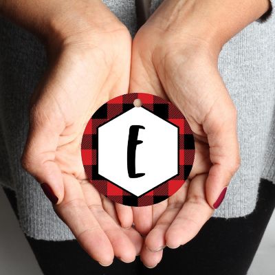 MDF Wood Ornament Red Plaid Letter E Image 1