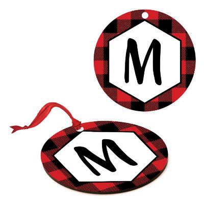 MDF Wood Ornament Red Plaid Letter M Image 1