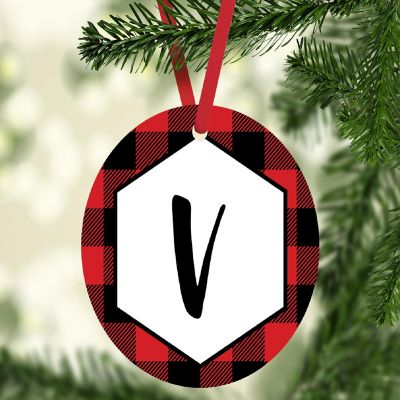 MDF Wood Ornament Red Plaid Letter V Image 2