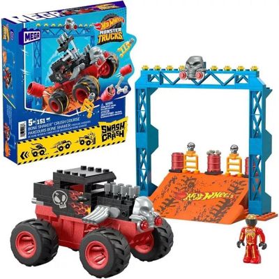 MEGA Hot Wheels Monster Trucks Toy Car Building Set, Smash &amp; Crash Bone Shaker Crush Course with 151 Pieces, 1 Micro Figure Driver, Red Image 1