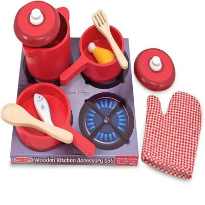 Melissa & Doug Deluxe Wooden Kitchen Accessory Set Red - Pots & Pans 8 pcs Image 1