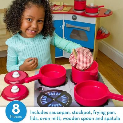 Melissa & Doug Deluxe Wooden Kitchen Accessory Set Red - Pots & Pans 8 pcs Image 1