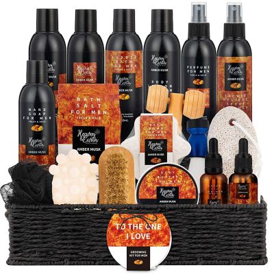 Men's Amber Musk 18-Piece Grooming Kit Luxury Bath and Body Gifts Basket Image 1