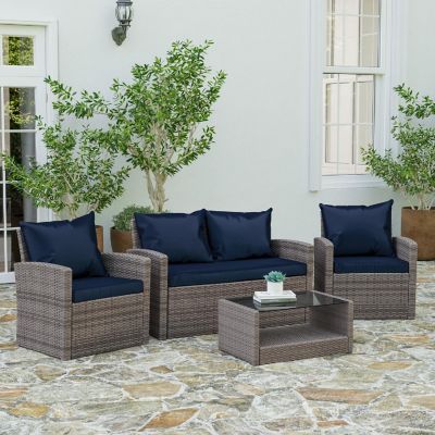 Merrick Lane Atlas 4 Piece Patio Set - Black Faux Rattan Loveseat, 2 Chair and Coffee Table - Gray Back Pillows and Seat Cushions Image 1