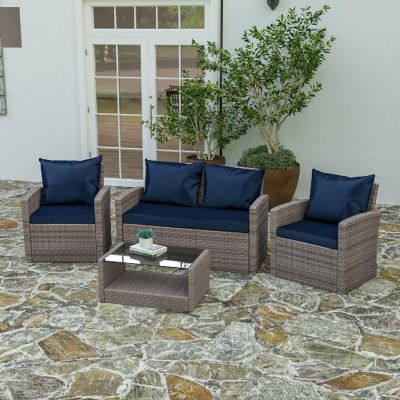 Merrick Lane Atlas 4 Piece Patio Set - Black Faux Rattan Loveseat, 2 Chair and Coffee Table - Gray Back Pillows and Seat Cushions Image 2