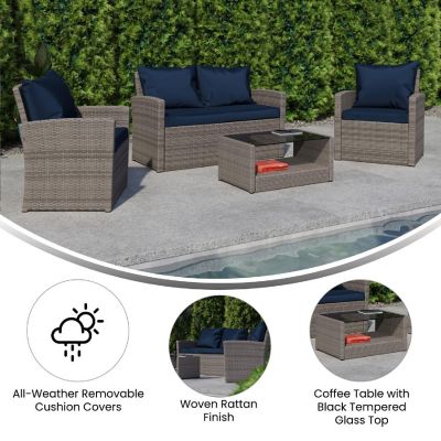 Merrick Lane Atlas 4 Piece Patio Set - Black Faux Rattan Loveseat, 2 Chair and Coffee Table - Gray Back Pillows and Seat Cushions Image 3