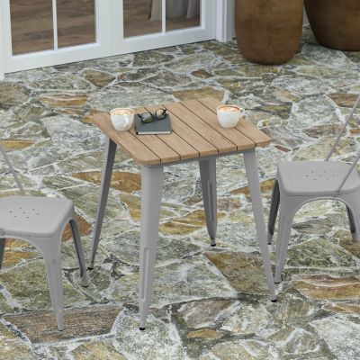 Merrick Lane Dryden Outdoor Dining Table, All Weather Poly Resin Top with Steel Base, 23.75" Square, Brown/Silver Image 2