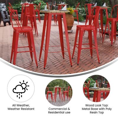 Merrick Lane Dryden Outdoor Dining Table Bar Height, All Weather Poly Resin Top with Steel Base, 23.75" Round, Brown/Red Image 3