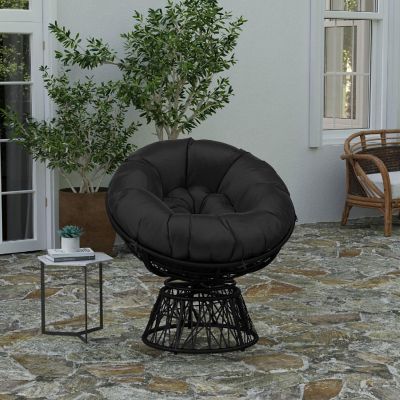 Merrick Lane Foley Papasan Style Swivel Patio Chair - Black Woven Wicker Frame - Removable All-Weather Black Cushion Image 1