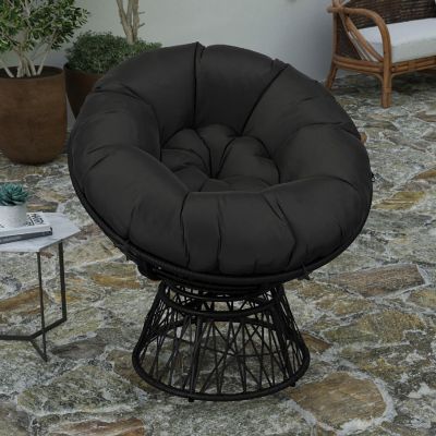 Merrick Lane Foley Papasan Style Swivel Patio Chair - Black Woven Wicker Frame - Removable All-Weather Black Cushion Image 2