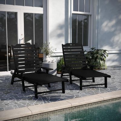 Merrick Lane Gaylord Adjustable Adirondack Loungers with Cup Holders- All-Weather Indoor/Outdoor HDPE Lounge Chairs, Set of 2, Black Image 1