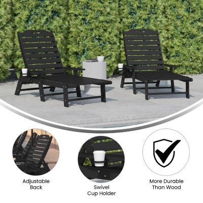 Merrick Lane Gaylord Adjustable Adirondack Loungers with Cup Holders- All-Weather Indoor/Outdoor HDPE Lounge Chairs, Set of 2, Black Image 3