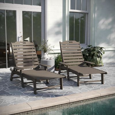 Merrick Lane Gaylord Adjustable Adirondack Loungers with Cup Holders- All-Weather Indoor/Outdoor HDPE Lounge Chairs, Set of 2, Brown Image 1