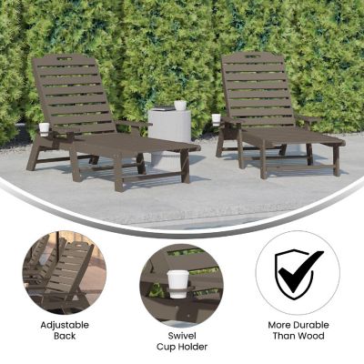 Merrick Lane Gaylord Adjustable Adirondack Loungers with Cup Holders- All-Weather Indoor/Outdoor HDPE Lounge Chairs, Set of 2, Brown Image 3