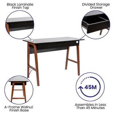 Merrick Lane Litchfield 42" Writing Desk with Divided Storage Drawer, Black Finish/Walnut Legs Image 3