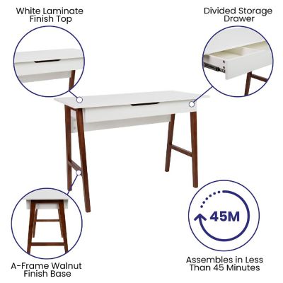 Merrick Lane Litchfield 42" Writing Desk with Divided Storage Drawer, White Finish/Walnut Legs Image 3