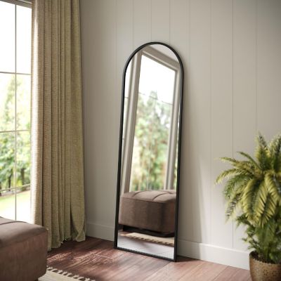 Merrick Lane Muriel 20"x30" Arched Floor Length Metal Framed Wall Mirror, Wall Mounted or Wall Leaning with Included Hanging Hardware in Black Image 1
