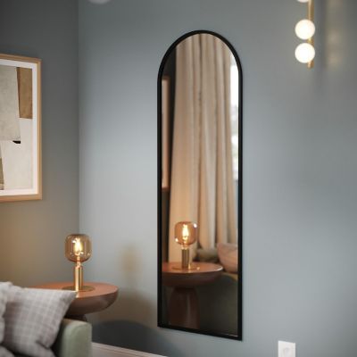 Merrick Lane Muriel 20"x30" Arched Floor Length Metal Framed Wall Mirror, Wall Mounted or Wall Leaning with Included Hanging Hardware in Black Image 2