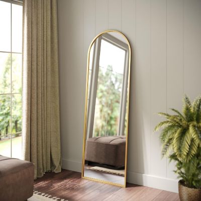 Merrick Lane Muriel 20"x30" Arched Floor Length Metal Framed Wall Mirror, Wall Mounted or Wall Leaning with Included Hanging Hardware in Gold Image 1