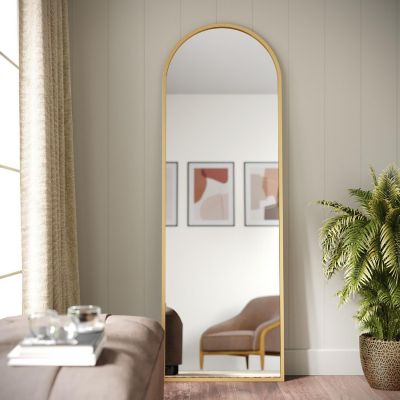 Merrick Lane Muriel 20"x30" Arched Floor Length Metal Framed Wall Mirror, Wall Mounted or Wall Leaning with Included Hanging Hardware in Gold Image 2