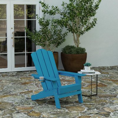 Merrick Lane Nassau Adirondack Chair with Cup Holder, Weather Resistant Poly Resin Adirondack Chair, Blue Image 1