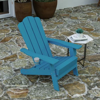 Merrick Lane Nassau Adirondack Chair with Cup Holder, Weather Resistant Poly Resin Adirondack Chair, Blue Image 2