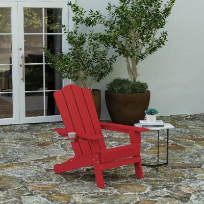 Merrick Lane Nassau Adirondack Chair with Cup Holder, Weather Resistant Poly Resin Adirondack Chair, Red Image 1