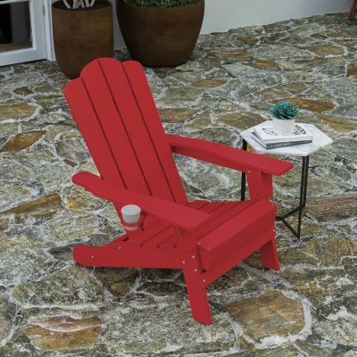 Merrick Lane Nassau Adirondack Chair with Cup Holder, Weather Resistant Poly Resin Adirondack Chair, Red Image 2