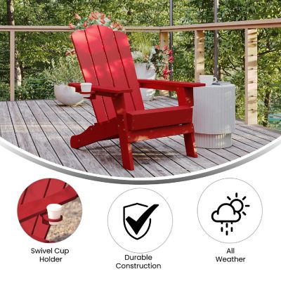 Merrick Lane Nassau Adirondack Chair with Cup Holder, Weather Resistant Poly Resin Adirondack Chair, Red Image 3