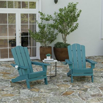 Merrick Lane Nassau Adirondack Chairs with Cup Holders, Weather Resistant Poly Resin Adirondack Chairs, Set of 2, Blue Image 1