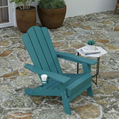 Merrick Lane Nassau Adirondack Chairs with Cup Holders, Weather Resistant Poly Resin Adirondack Chairs, Set of 2, Blue Image 2