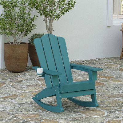 Merrick Lane Nassau Adirondack Rocking Chair with Cup Holder, Weather Resistant Poly Resin Adirondack Rocking Chair, Blue Image 1