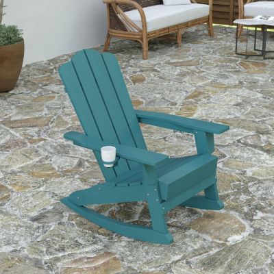 Merrick Lane Nassau Adirondack Rocking Chair with Cup Holder, Weather Resistant Poly Resin Adirondack Rocking Chair, Blue Image 2