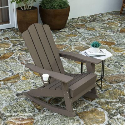 Merrick Lane Nassau Adirondack Rocking Chair with Cup Holder, Weather Resistant Poly Resin Adirondack Rocking Chair, Brown Image 2