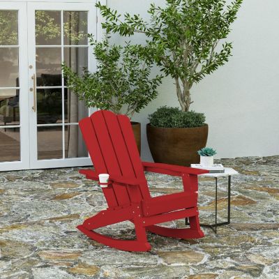 Merrick Lane Nassau Adirondack Rocking Chair with Cup Holder, Weather Resistant Poly Resin Adirondack Rocking Chair, Red Image 1