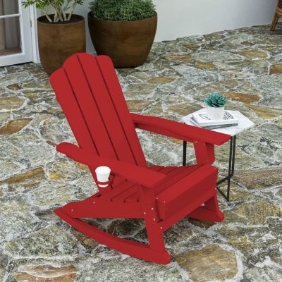 Merrick Lane Nassau Adirondack Rocking Chair with Cup Holder, Weather Resistant Poly Resin Adirondack Rocking Chair, Red Image 2