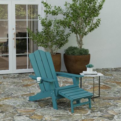 Merrick Lane Nassau Poly Resin Adirondack Chair with Cup Holder and Pull Out Ottoman, All-Weather Poly Resin Indoor/Outdoor Lounge Chair, Blue Image 1