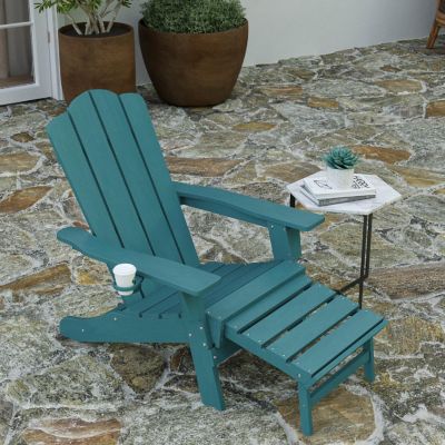 Merrick Lane Nassau Poly Resin Adirondack Chair with Cup Holder and Pull Out Ottoman, All-Weather Poly Resin Indoor/Outdoor Lounge Chair, Blue Image 2