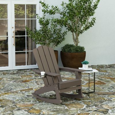 Merrick Lane Nassau Poly Resin Adirondack Chair with Cup Holder and Pull Out Ottoman, All-Weather Poly Resin Indoor/Outdoor Lounge Chair, Brown Image 1