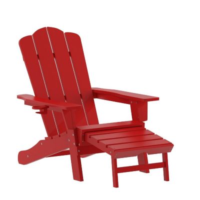 Merrick Lane Nassau Poly Resin Adirondack Chair with Cup Holder and Pull Out Ottoman, All-Weather Poly Resin Indoor/Outdoor Lounge Chair, Red Image 1