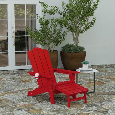 Merrick Lane Nassau Poly Resin Adirondack Chair with Cup Holder and Pull Out Ottoman, All-Weather Poly Resin Indoor/Outdoor Lounge Chair, Red Image 1