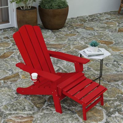 Merrick Lane Nassau Poly Resin Adirondack Chair with Cup Holder and Pull Out Ottoman, All-Weather Poly Resin Indoor/Outdoor Lounge Chair, Red Image 2